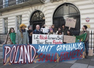 Protestors with the International Coalition to Protect the Polish Countryside (ICPPC) rally outside the Poland Embassy in London, February 2014.